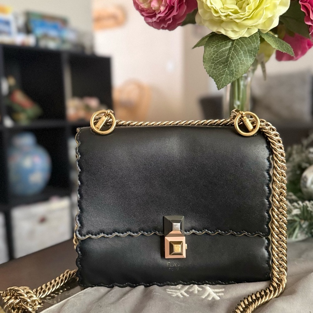 Fendi Black Quilted Leather Shoulder Bag with Gold Chain